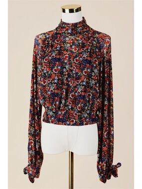 Sz S Free People All Dolled Up Black Floral Print Mesh Long Sleeve Crop Top EUC